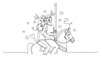 Happy couple riding a carousel horse Continuous one line drawing Romantic date in amusement park minimalist vector illustration