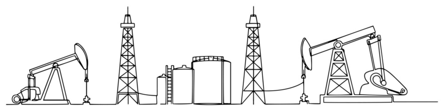 Oilfield with pumpjacks and derricks Continuous one line drawing Industrial energy extraction landscape minimalist vector illustration