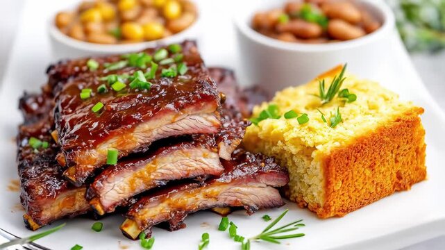 Succulent bbq ribs with cornbread and beans on white plate