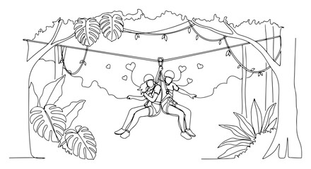 Adventurous couple riding a zip line together in the jungle continuous one line drawing Vector illustration of an extreme sport and romantic travel concept
