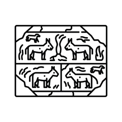 Stylized outline illustration of animals in framed scenes, reminiscent of ancient petroglyphs and tribal art