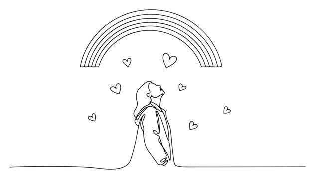 Woman looking at rainbow and hearts of love one continuous line drawing. Hope and happiness minimalist vector art.