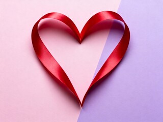 minimal valentinesday background with red ribbon heart and copyspace