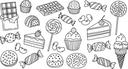 Hand-drawn doodle set of chocolates, candies, cakes, and sweet treats, simple line art