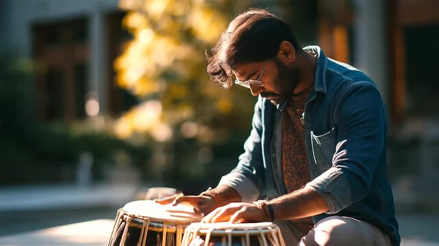 Young tabla player practicing in courtyard, sunlight falling in stripes, India, music, tabla, classical, practice, culture, youth, art, rhythm, with copy space