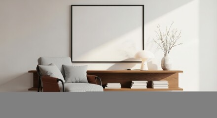 Modern living room with sofa and large blank picture frame mockup