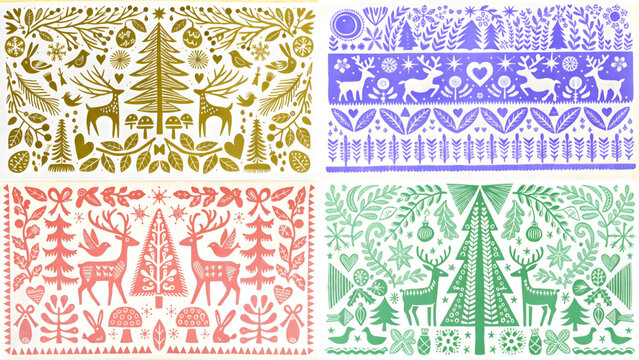 Four christmas cards with reindeer trees birds and floral designs in gold purple pink and green colors