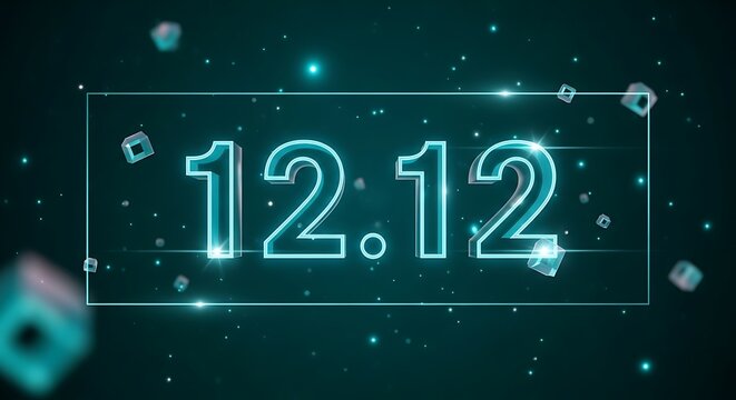 Neon 1212 glowing text with abstract cubes and particles