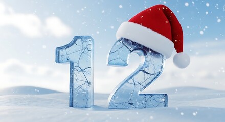 Ice numbers 12 with santa hat in snowy landscape