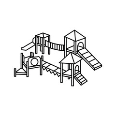 Clean line art illustration of outdoor children's playground with slides, bridges, and climbing frames for kids' enjoyment.