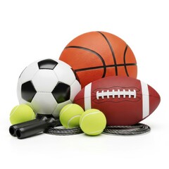 Collection of sports balls and equipment isolated on white background
