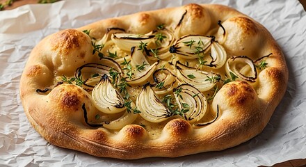 Delicious onion flatbread with herbs presented on parchment paper for a rustic appeal
