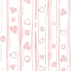 Watercolor seamless pattern of pink hearts, circles and vertical stripes. Abstract hand-drawn drawing for printing on fabric, wrapping paper, other backgrounds. Simple watercolor drawings in pale pink