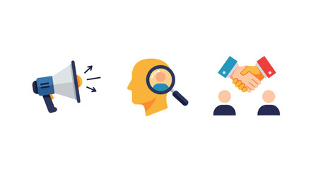 Effective communication icons: megaphone, head magnifying glass, handshake