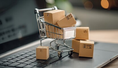 Miniature shopping cart full of cardboard boxes rests on a laptop keyboard