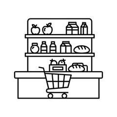 Outline illustration of supermarket shelves stocked with essential groceries, alongside a customer shopping cart.