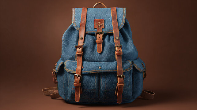 A stylish backpack sits with a neutral background, ready for an adventure. The blue denim and leather straps create a classic aesthetic