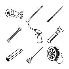  Hand Tool Line Art Icon Set on White Background