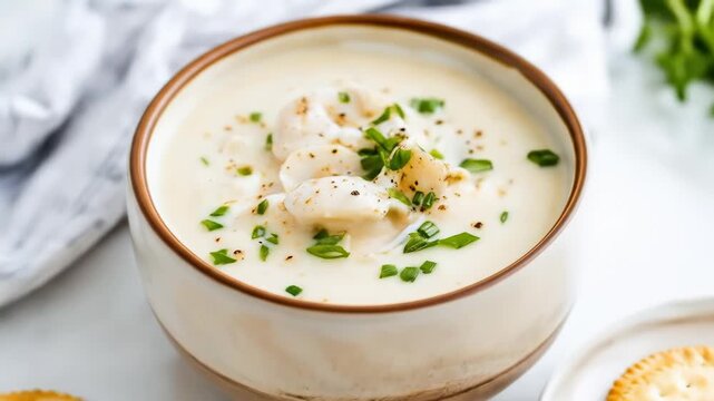 Creamy homemade clam chowder with fresh herbs and crackers on a cozy table