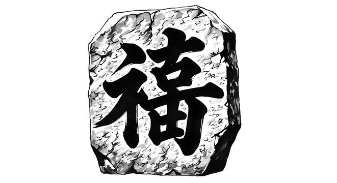 Ancient stone tablet with a prominent black japanese kanji character etched deeply into its surface - Powered by Adobe