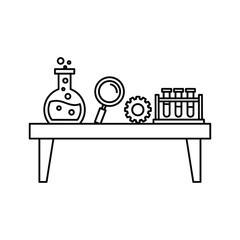 Scientific laboratory experiment setup line art vector illustration with flask, magnifying glass, gear, and test tubes.