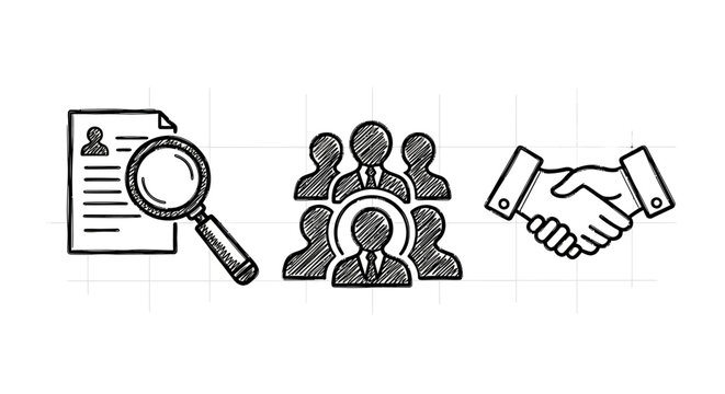 Hand-drawn style business icons: resume review, teamwork, partnership