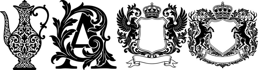 Ornate heraldic emblems and decorative ornate vase design elements