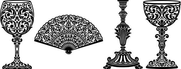 Ornate decorative objects antique vintage style black and white design elements