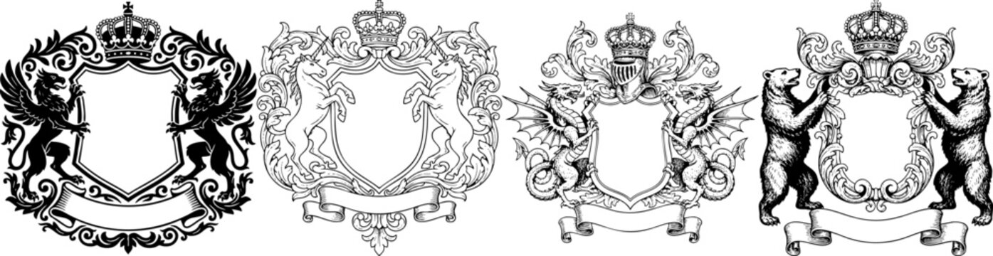 Ornate Heraldic Crests with Mythical Creatures and Animals