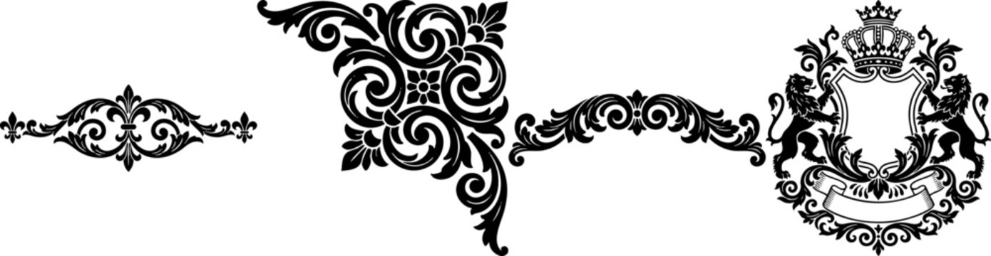 Ornate Scrollwork and Heraldic Emblem Design Elements