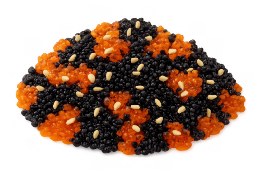 Tobiko and masago fish roe mixture with sesame seeds, vibrant orange and black topping for sushi or seafood, transparent background