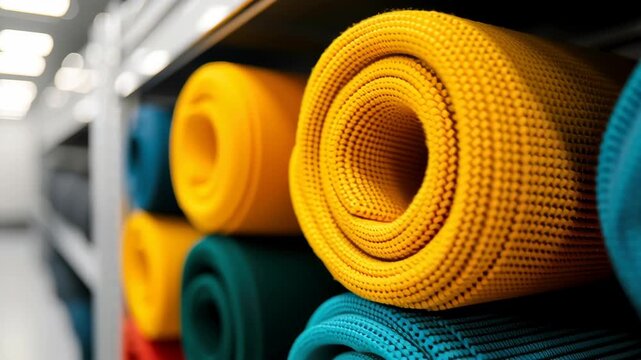 Colorful yoga mat roll foam texture fitness gear gym shelf teal yellow orange closeup pattern workout vibe bright soft material modern interior