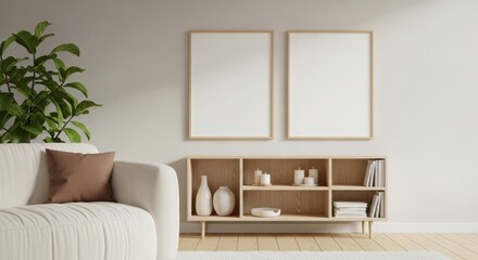 Modern living room scene with sofa cabinet and two empty frames