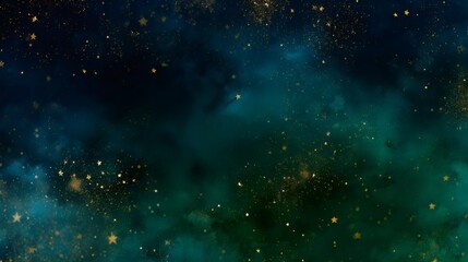 Dark teal and blue cosmic sky with glittering gold stars and shimmering dust. Abstract galaxy dreamscape for fantasy background.
