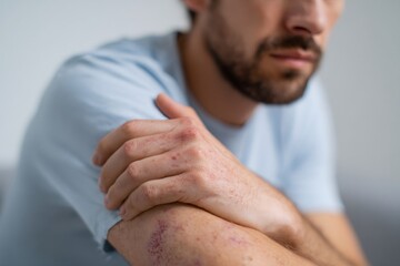 Caucasian man scratching arm, showing a red rash, highlighting skin irritation and discomfort. Dermatological condition concept for medical awareness.