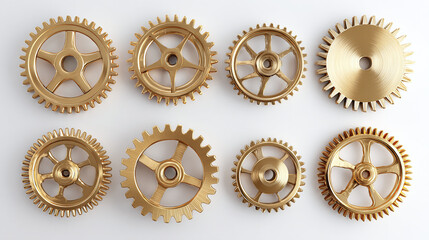 A collection of intricately designed brass gears arranged, highlighting their complex structure and interconnectedness. Their golden hue provides a touch of elegance and industrial aesthetics