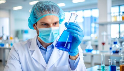 Fototapeta premium Realistic Laboratory Scientist Analyzing Blue Chemical Sample for Biotechnology and Pharmaceutical Innovation