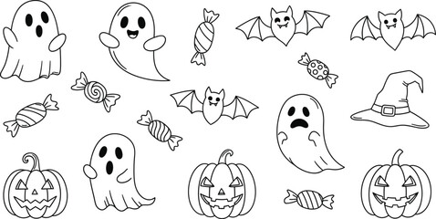 Halloween doodle set with cute ghosts, bats, pumpkins, witch hats, and candies, minimal black outline vector sketch
