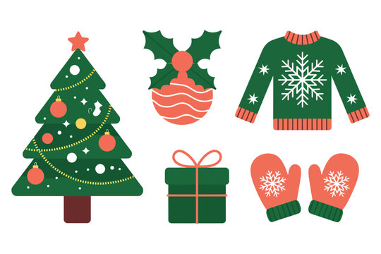 A festive collection of Christmas-themed elements includes a tree, gift, sweater, and mittens.