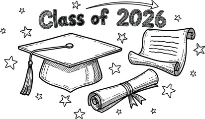 Graduation doodle set&mdash;graduation cap, diploma, scroll, stars, and Class of 2026 text, sketch vector