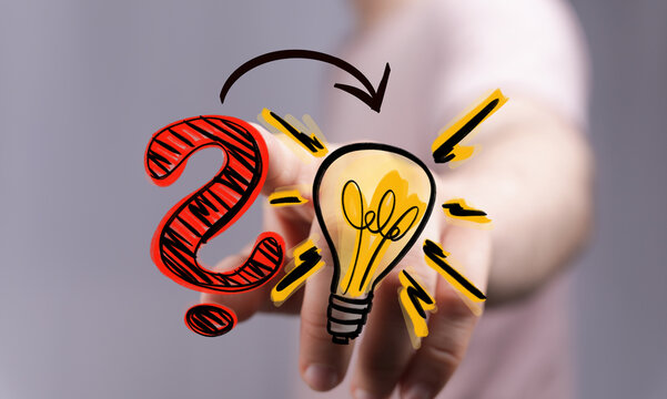 Dynamic visual of a hand interacting with a digital question mark transforming into a lightbulb. Represents problem-solving, creative ideas, and