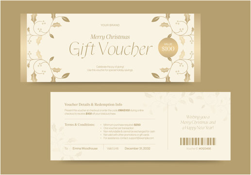 Elegant Cream and Gold Christmas Gift Voucher Template with Holly Leaves and $100 Value Tag