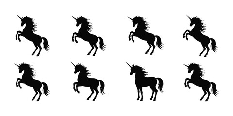 set of unicorn icon. unicorn icon set. unicorn silhouette icon. Collection of eight black unicorn silhouettes in various dynamic rearing and prancing poses against a white background © Anamul Haque  Munna