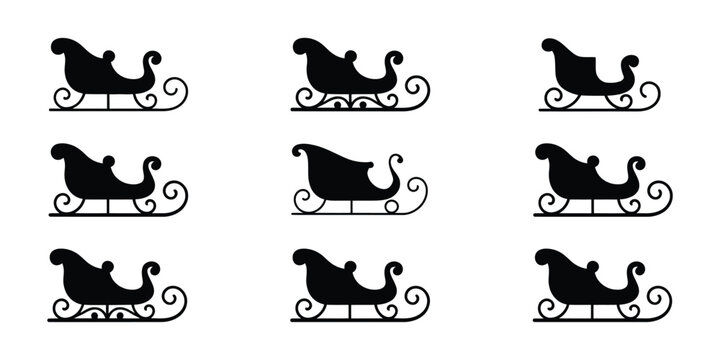 set of Christmas sleight  icon. Christmas sleight icon. Collection of nine black silhouette Christmas sleighs arranged in a grid pattern on a white background