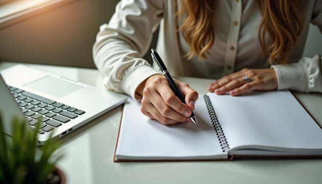 Person's hands writing in a notebook with pen near laptop in a calm working atmosphere