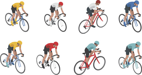 Isometric illustration set of cyclists riding racing bicycles with helmets, colorful outfits, modern bikes and aerodynamic riding posture