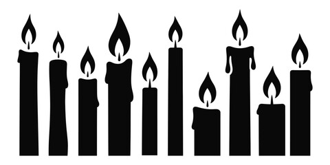 Set of candle icon. candle icon set. candle silhouette icon. Silhouette of multiple lit candles with flickering flames against a white background