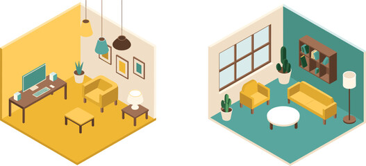 Isometric interior illustration showing modern living room and home office with furniture, computer desk, plants,