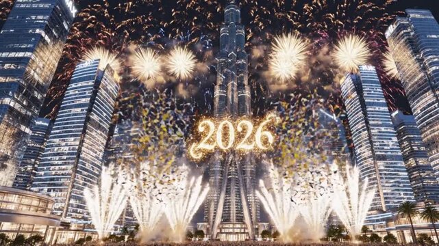 Spectacular New Year 2026 Fireworks Over Futuristic City Skyline