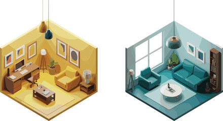 Isometric interior illustration showing modern living room and home office with furniture, computer desk, plants,